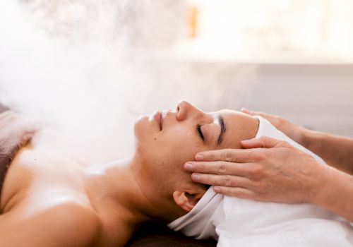 A woman receiving a steam facial or spa treatment with a therapist massaging temples, creating a relaxing wellness scene.