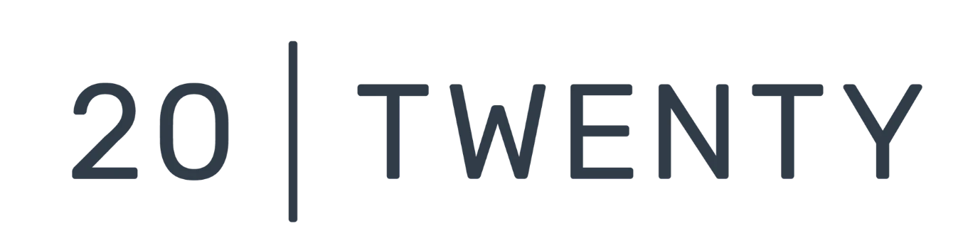A logo with the text &ldquo;20 | TWENTY&rdquo; in dark blue on a black background.
