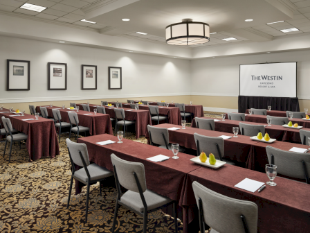 A conference room set up for a meeting with rows of tables draped in burgundy cloth, chairs, framed pictures, and a projector screen at the front.