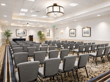 A conference or seminar room with rows of gray chairs, a podium at the front, and framed pictures on the walls.