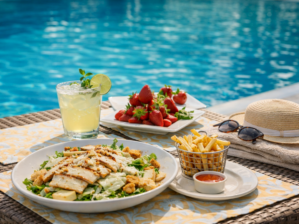 A sunny poolside meal: grilled chicken salad, fries, fresh strawberries with mint cocktail, mayo dip, straw hat and sunglasses nearby, pool behind.