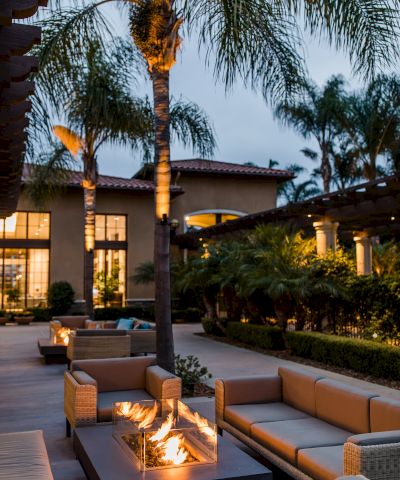 A modern outdoor lounge area with fire pit, palm trees, and courtyard seating at twilight.