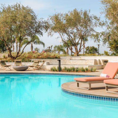 A sunny poolside scene with turquoise water, lounge chairs, towels, and palm trees in a landscaped outdoor area.