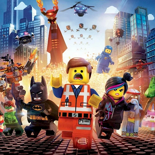 A chaotic LEGO movie scene: heroes run through a city as minifigures and villains battle amid explosions and flying bricks.