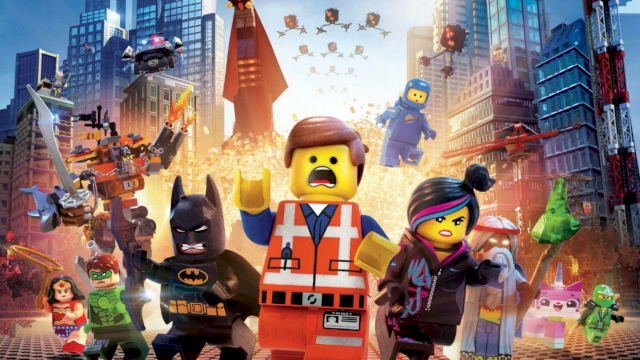 A chaotic LEGO movie scene: heroes run through a city as minifigures and villains battle amid explosions and flying bricks.