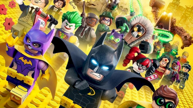 Batman leads a LEGO hero crew through a golden cityscape, with colorful allies and quirky villains in bright, playful action.