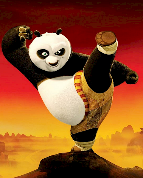 Po: A smiling martial-arts panda doing a high kick on a rocky hill with a warm, sunset backdrop and distant temple silhouettes.