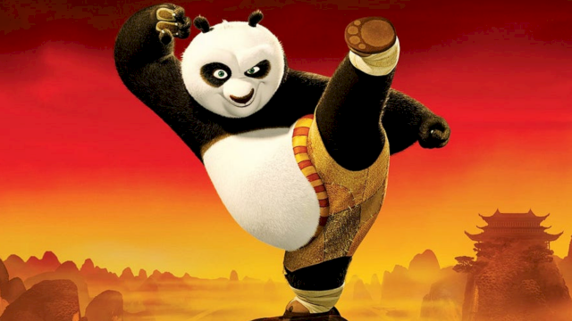 Po: A smiling martial-arts panda doing a high kick on a rocky hill with a warm, sunset backdrop and distant temple silhouettes.