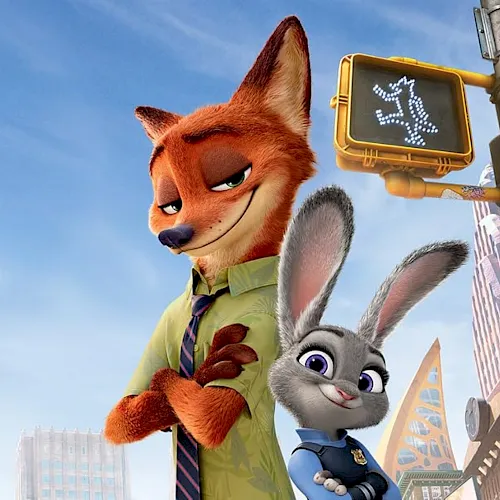 A cartoon fox and rabbit stand under a streetlight with a pedestrian traffic signal, while buildings rise in the background.