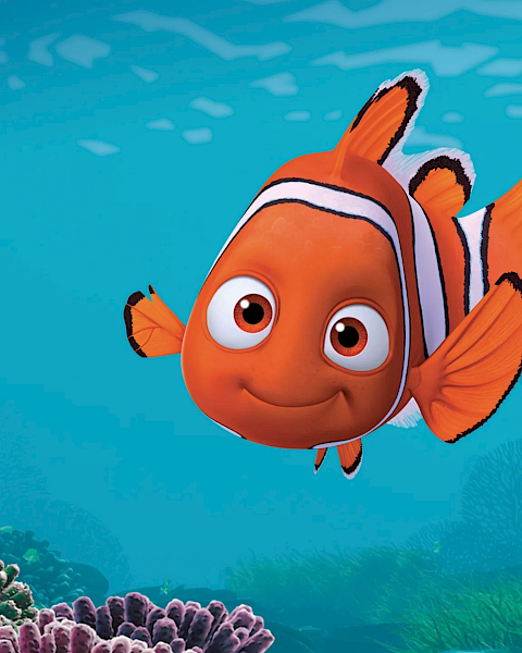 A cheerful orange clownfish glides over a vibrant coral reef, bright blue water all around, cartoon-like and friendly.