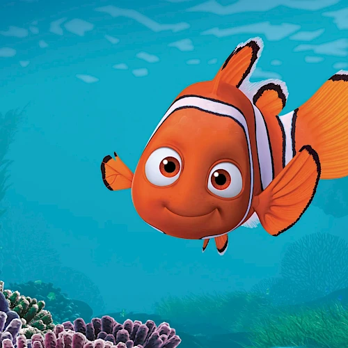 A cheerful orange clownfish glides over a vibrant coral reef, bright blue water all around, cartoon-like and friendly.
