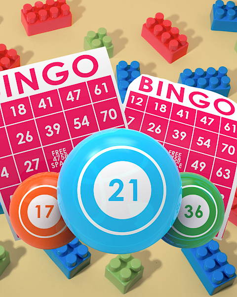 A colorful bingo scene with number cards, blue/chipbing chips, and scattered LEGO blocks on a beige surface.