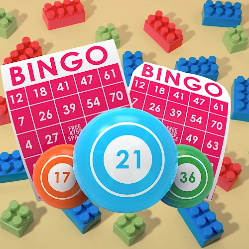 A colorful bingo scene with number cards, blue/chipbing chips, and scattered LEGO blocks on a beige surface.