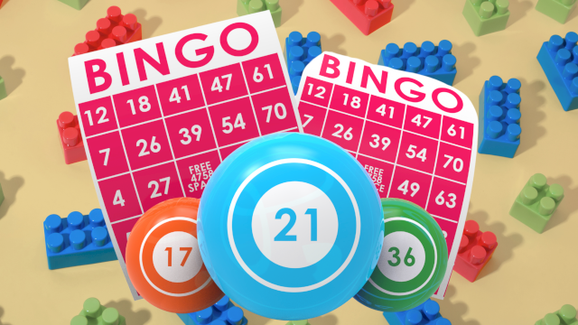 A colorful bingo scene with number cards, blue/chipbing chips, and scattered LEGO blocks on a beige surface.