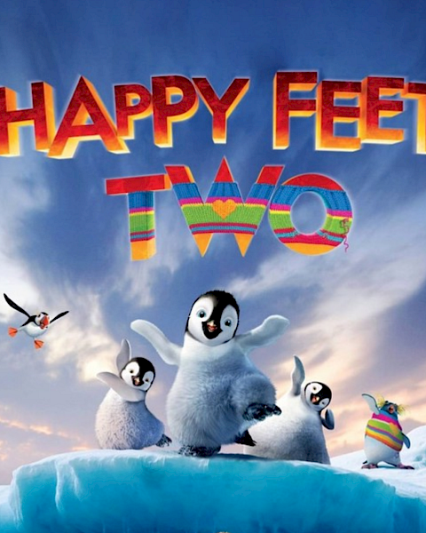 A snowy scene with friendly penguins and the title &ldquo;HAPPY FEET,&rdquo; celebrating music and dance on icy waves.