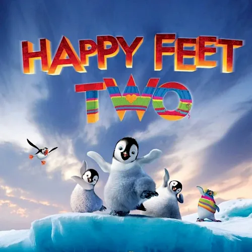 A snowy scene with friendly penguins and the title &ldquo;HAPPY FEET,&rdquo; celebrating music and dance on icy waves.