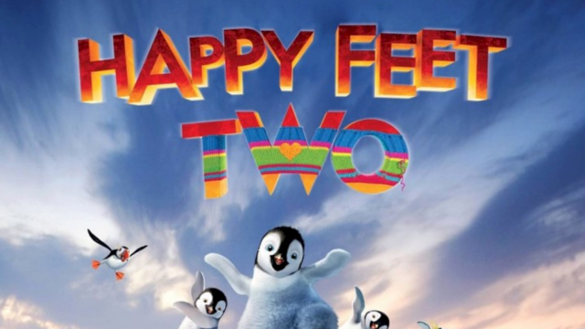 A snowy scene with friendly penguins and the title &ldquo;HAPPY FEET,&rdquo; celebrating music and dance on icy waves.