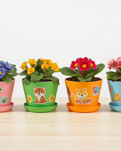Four colorful cartoon-animal flower pots with blooming blue, yellow, red, and pink primroses on a wooden table, sitting in saucers.