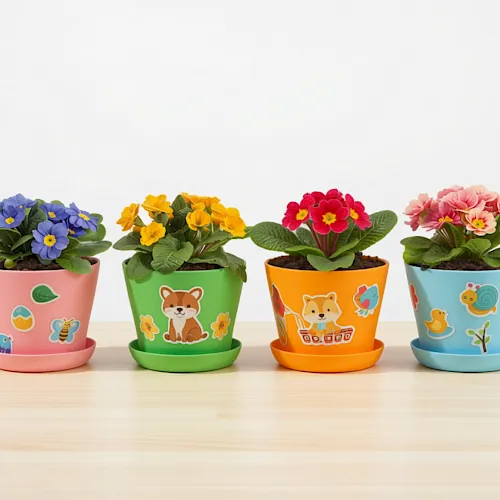 Four colorful cartoon-animal flower pots with blooming blue, yellow, red, and pink primroses on a wooden table, sitting in saucers.