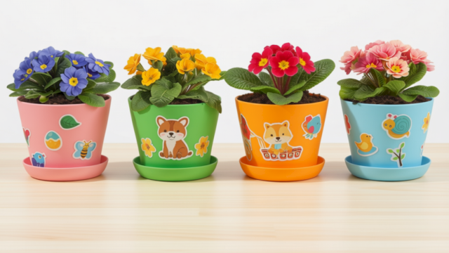 Four colorful cartoon-animal flower pots with blooming blue, yellow, red, and pink primroses on a wooden table, sitting in saucers.