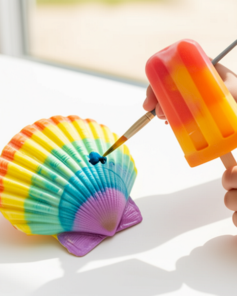 A child&rsquo;s hand uses a paint tool to color a rainbow fish-shaped shell, with crayons/pens nearby.