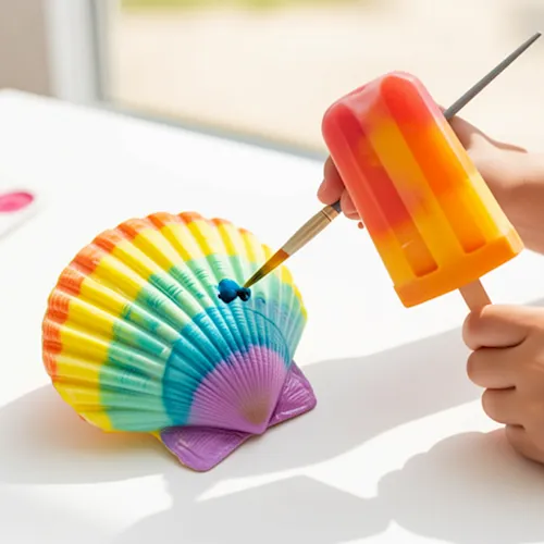 A child&rsquo;s hand uses a paint tool to color a rainbow fish-shaped shell, with crayons/pens nearby.