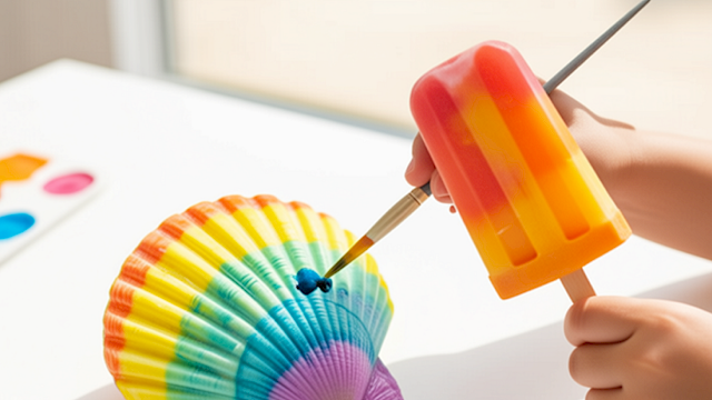 A child&rsquo;s hand uses a paint tool to color a rainbow fish-shaped shell, with crayons/pens nearby.