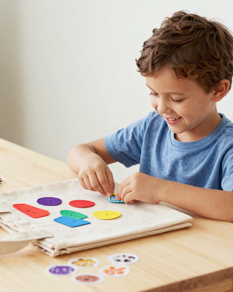 A young boy crafts at a table, cutting and placing colorful shapes on paper for a fun art project.
