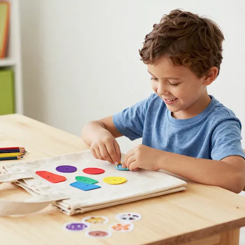 A young boy crafts at a table, cutting and placing colorful shapes on paper for a fun art project.