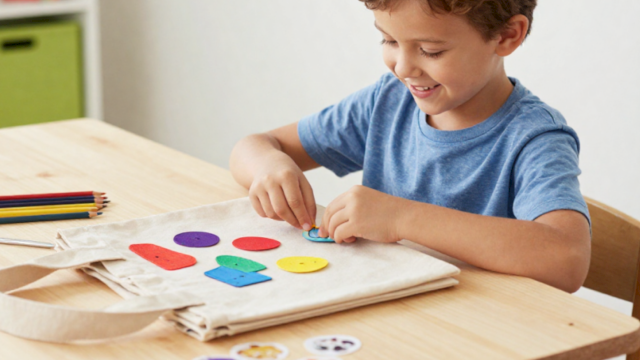 A young boy crafts at a table, cutting and placing colorful shapes on paper for a fun art project.