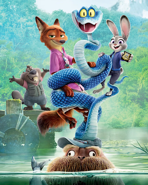 Cartoon animals splash by a forest lake, led by a blue snake hero with friends on a raft and rocks.