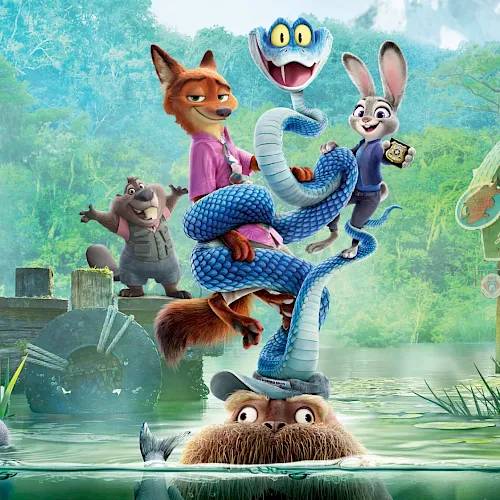 Cartoon animals splash by a forest lake, led by a blue snake hero with friends on a raft and rocks.