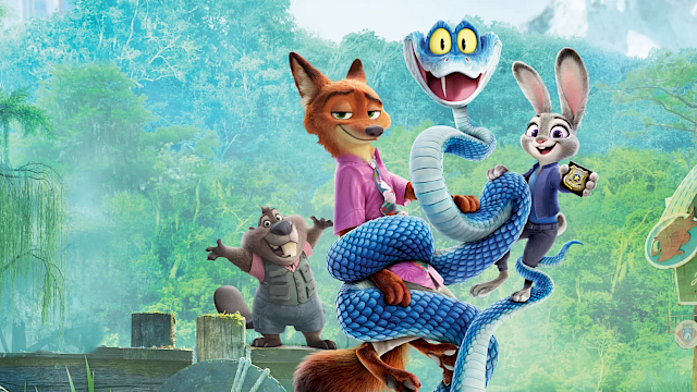 Cartoon animals splash by a forest lake, led by a blue snake hero with friends on a raft and rocks.