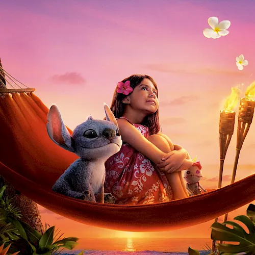 A girl lounges in a hammock with a cute blue creature, holding toy ice-cream cones as flowers float in a sunset sky.