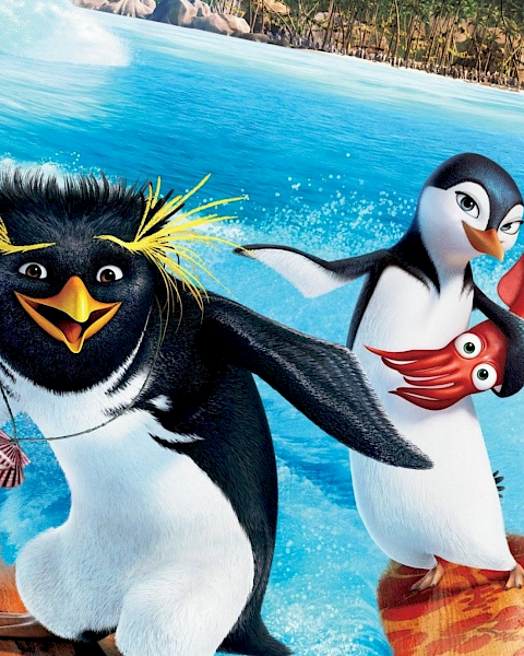 Cartoon penguins play at the beach in front of a big wave while a shell and starfish float around.