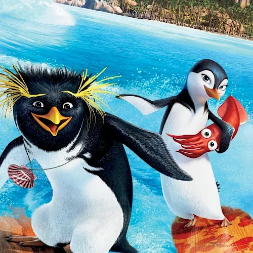 Cartoon penguins play at the beach in front of a big wave while a shell and starfish float around.