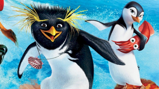 Cartoon penguins play at the beach in front of a big wave while a shell and starfish float around.