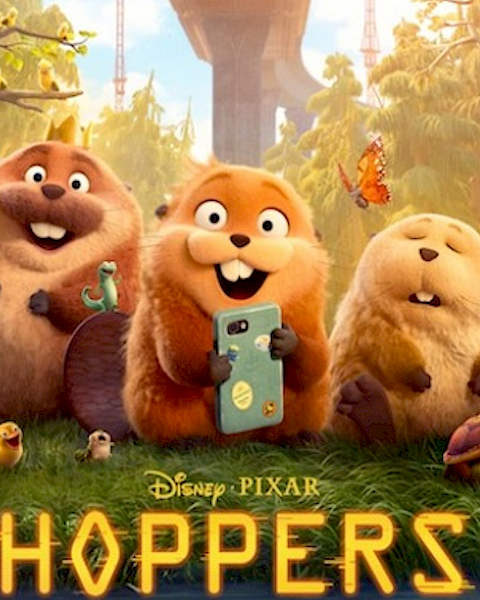 Four cuddly forest squirrels&mdash;one holding a phone&mdash;smile while sitting on grass with butterflies, chicks, and falling leaves in a &ldquo;HOPPER&rsquo;S&rdquo; themed scene.