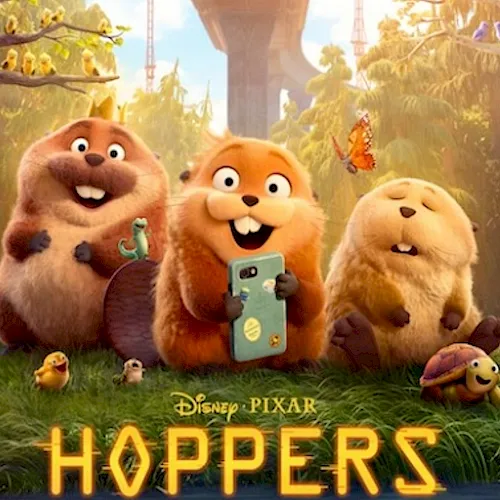 Four cuddly forest squirrels&mdash;one holding a phone&mdash;smile while sitting on grass with butterflies, chicks, and falling leaves in a &ldquo;HOPPER&rsquo;S&rdquo; themed scene.