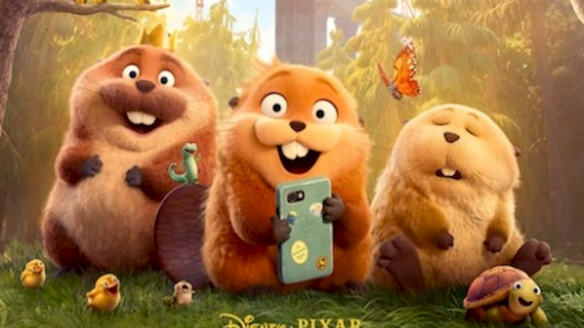 Four cuddly forest squirrels&mdash;one holding a phone&mdash;smile while sitting on grass with butterflies, chicks, and falling leaves in a &ldquo;HOPPER&rsquo;S&rdquo; themed scene.
